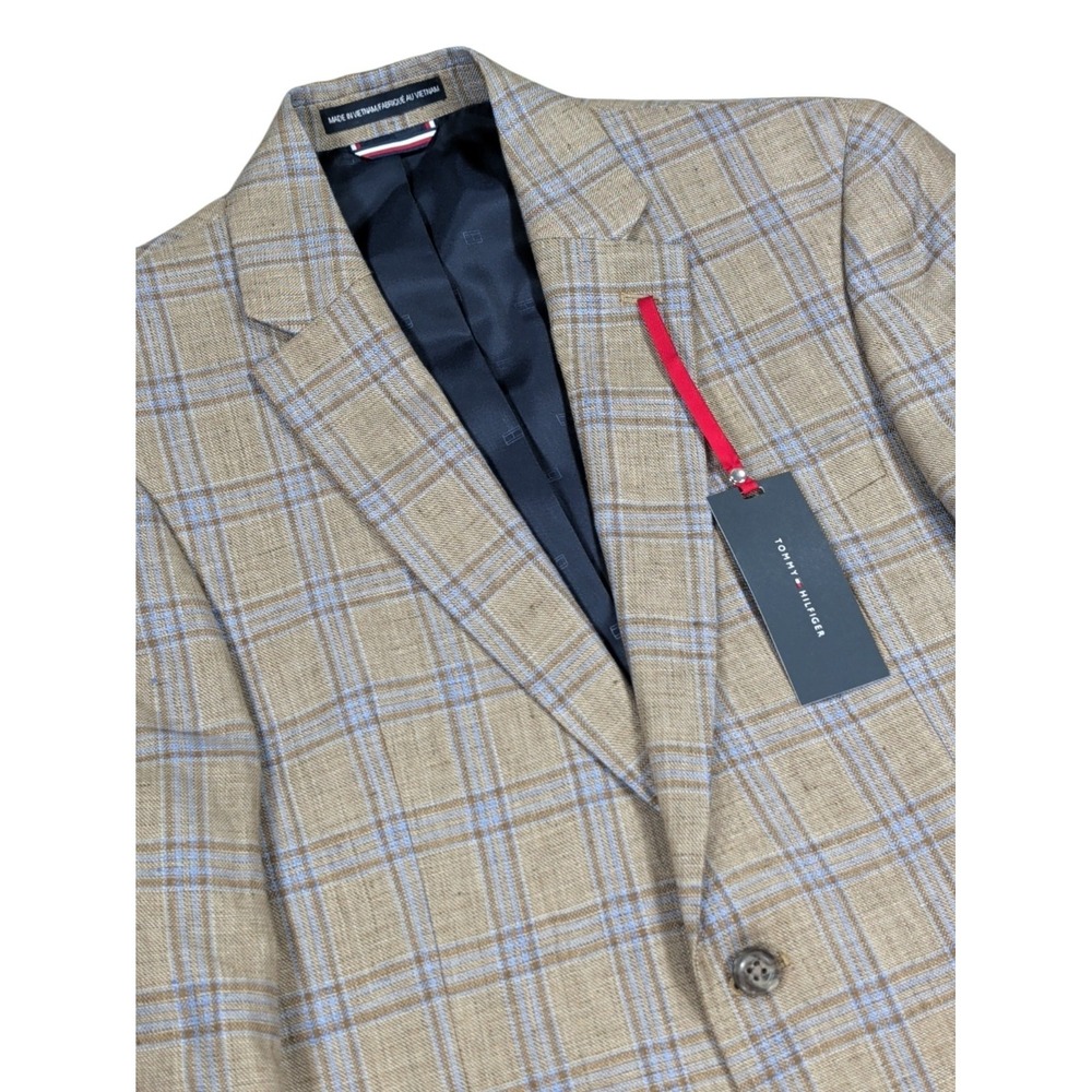 Tommy Hilfiger Sport Coat Blazer Jacket Men's 38R Tan Blue Windowpane Linen NWT